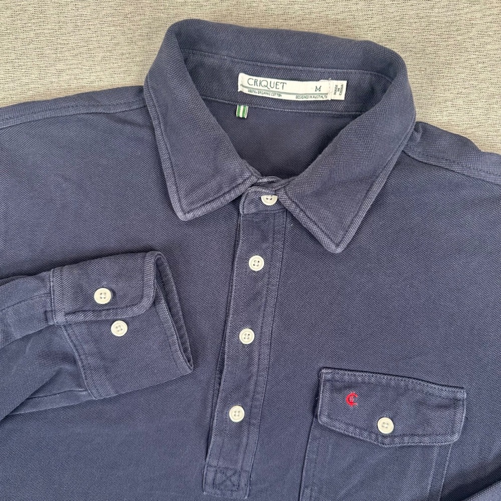 Criquet Long Sleeve Pique Polo Shirt Mens M Navy Blue Organic Cotton Pocket Mesh